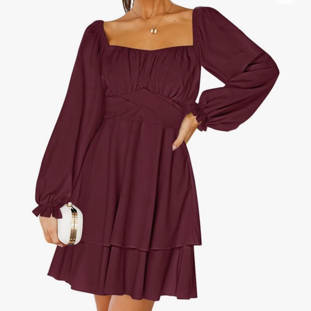 A-line maroon tie-back  long sleeve mini dress